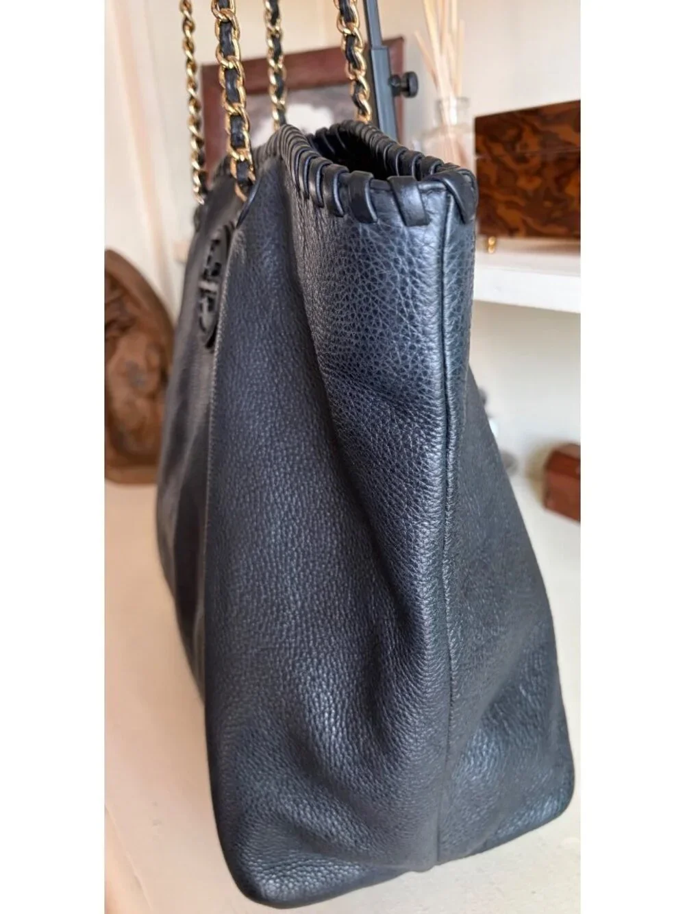 Tory Burch Marion Bag Whipstitch Trim Gold Chain Pebbled Black Shoulder Leather - Picture 3 of 13